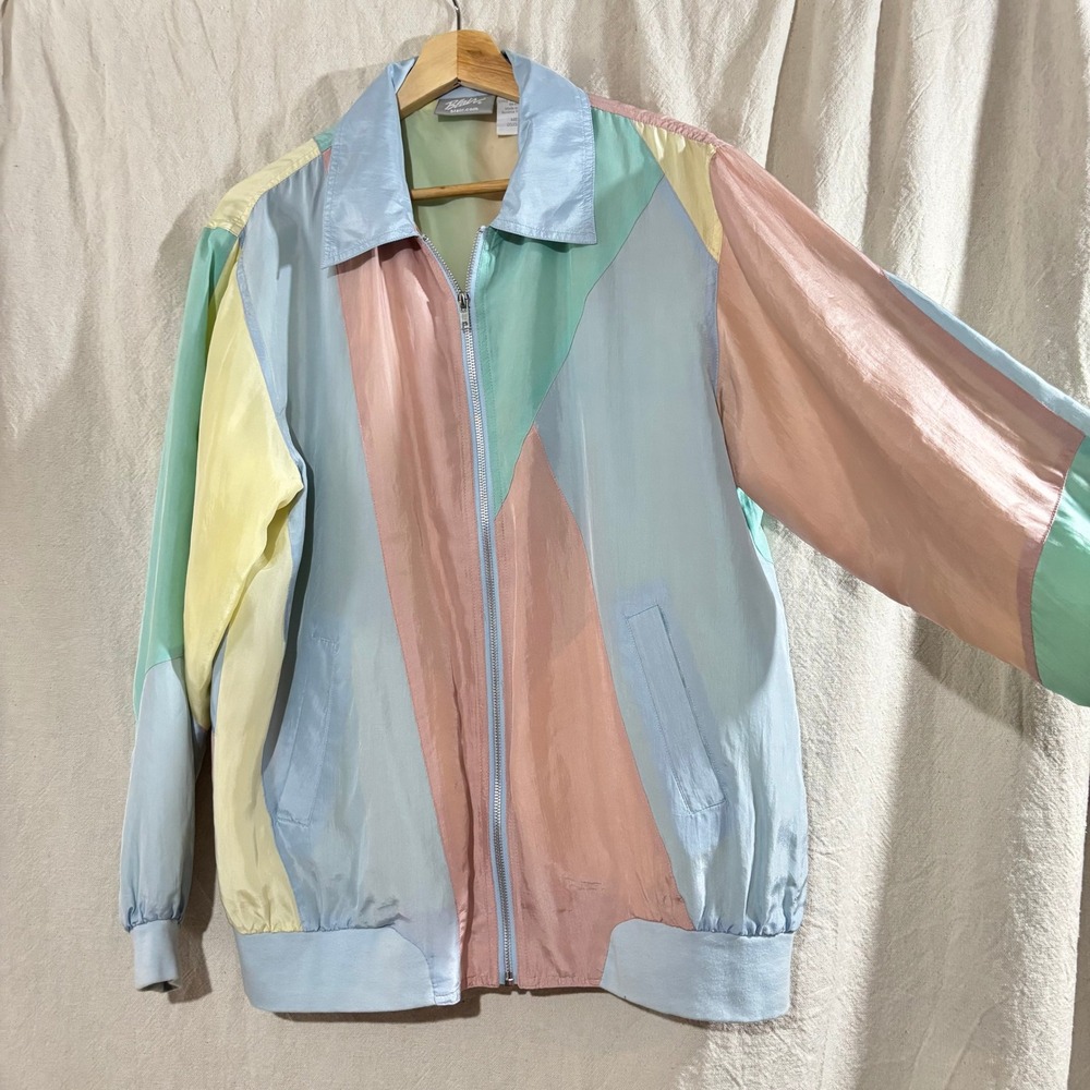 Vintage Blair 90s Silk Bomber Jacket Pastel Colorblock Golden Girls Fun Mom M